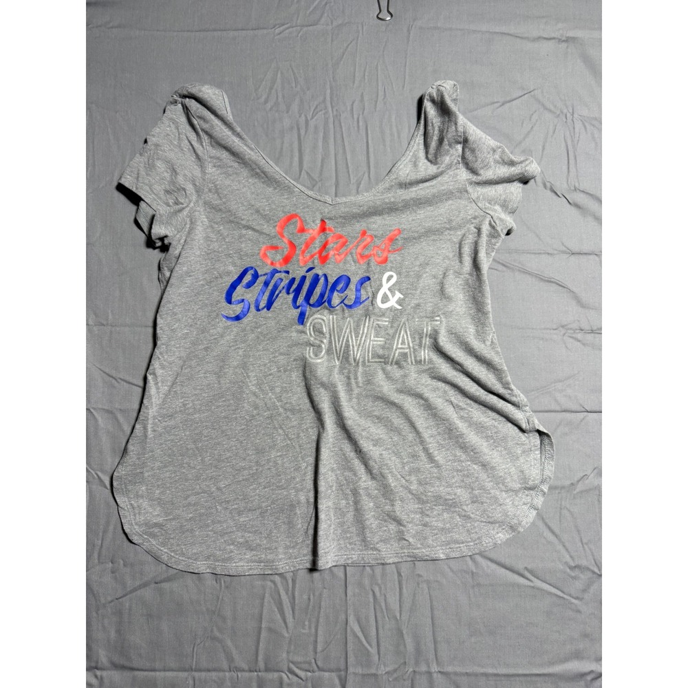 Be Inspired Graphic Tee Women L Gray Good Stars Stripes & Sweat V-Neck Flowy Top